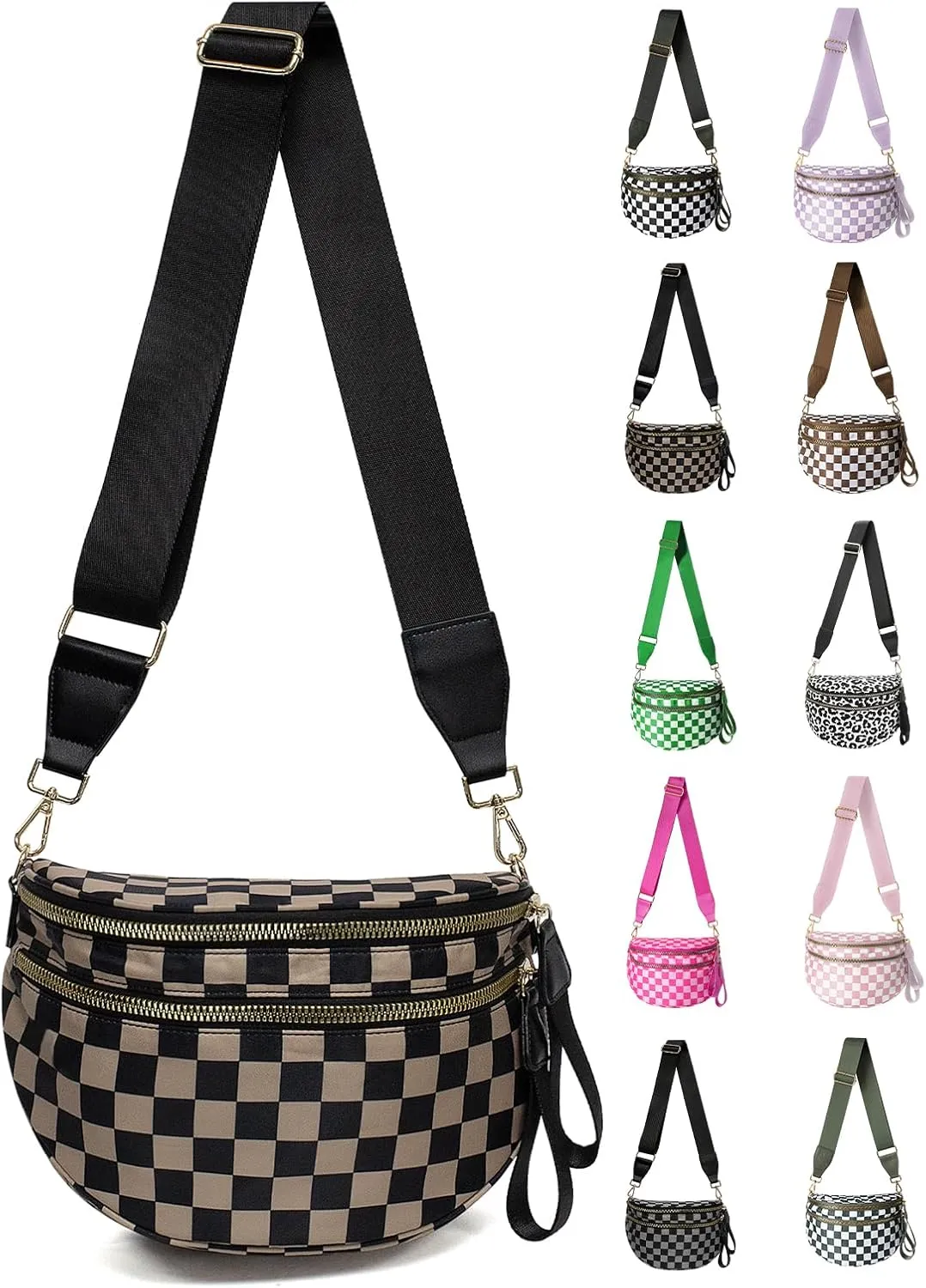 Checkered Nylon Crossbody Bag for Women, Spacious Checkered Bum Bag Purse Shoulder Bag Sling Bag with Shoulder Strap