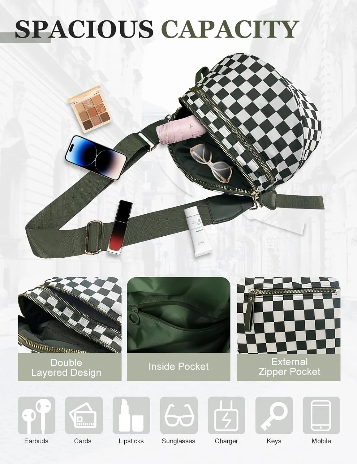 Checkered Nylon Crossbody Bag for Women, Spacious Checkered Bum Bag Purse Shoulder Bag Sling Bag with Shoulder Strap