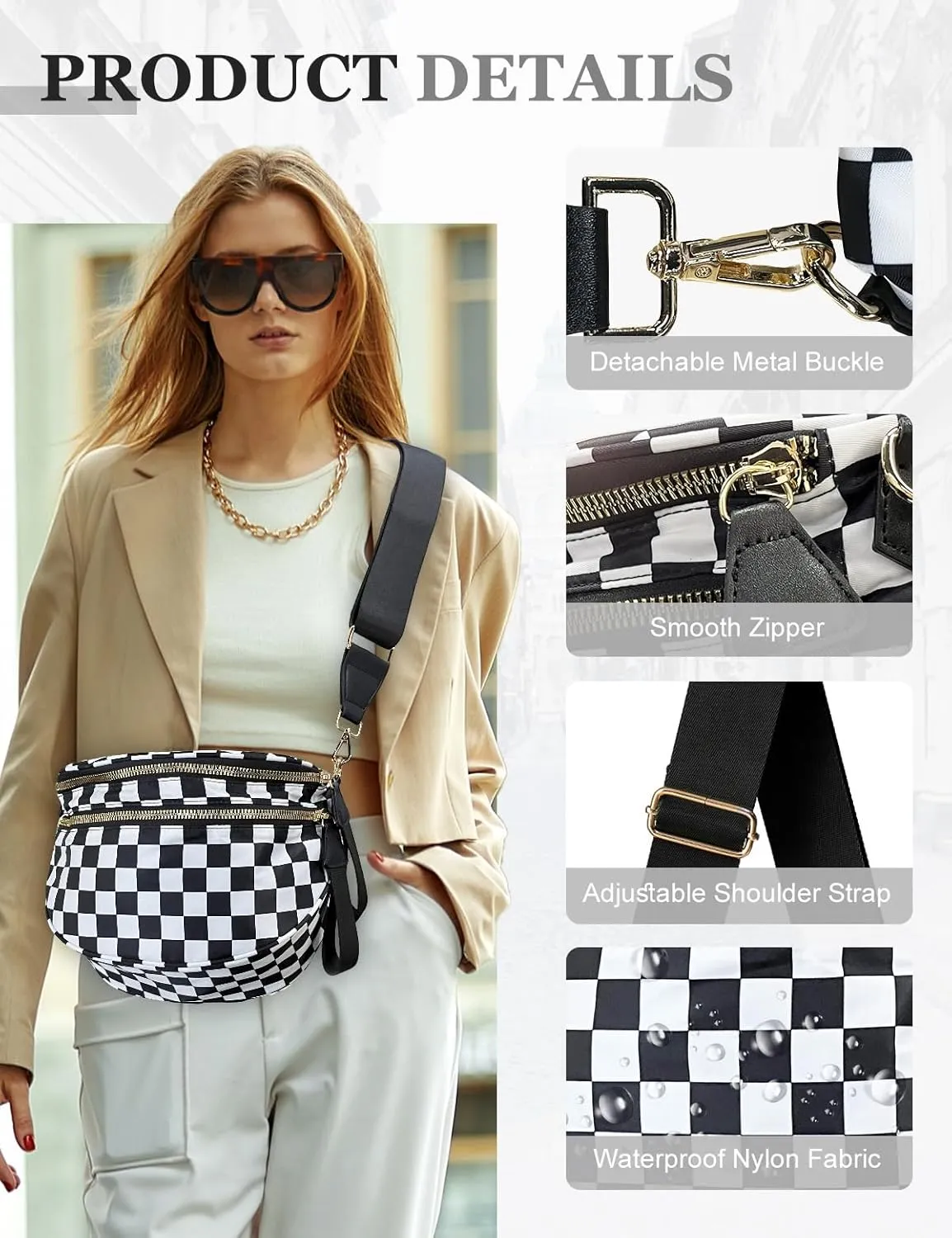 Checkered Nylon Crossbody Bag for Women, Spacious Checkered Bum Bag Purse Shoulder Bag Sling Bag with Shoulder Strap