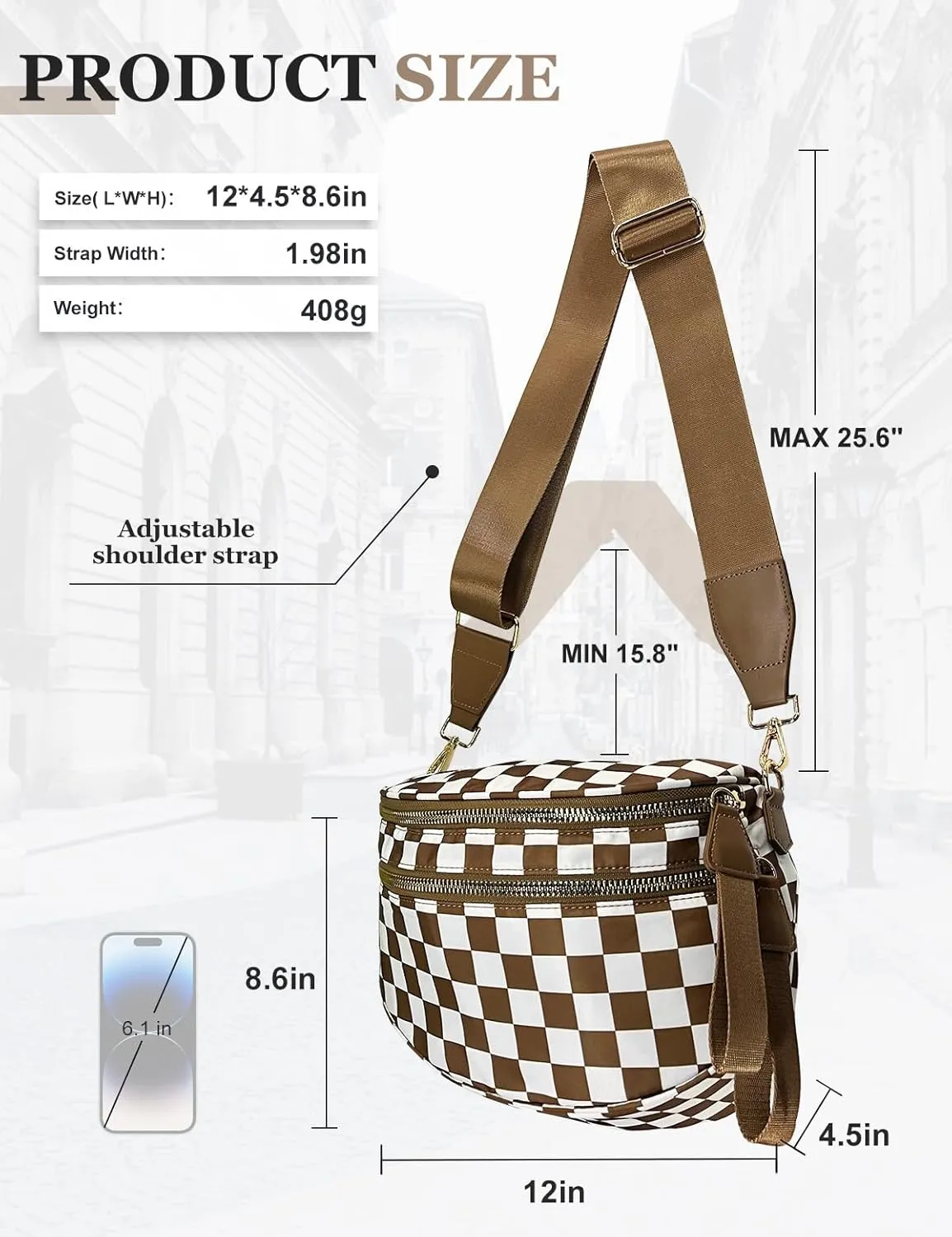 Checkered Nylon Crossbody Bag for Women, Spacious Checkered Bum Bag Purse Shoulder Bag Sling Bag with Shoulder Strap