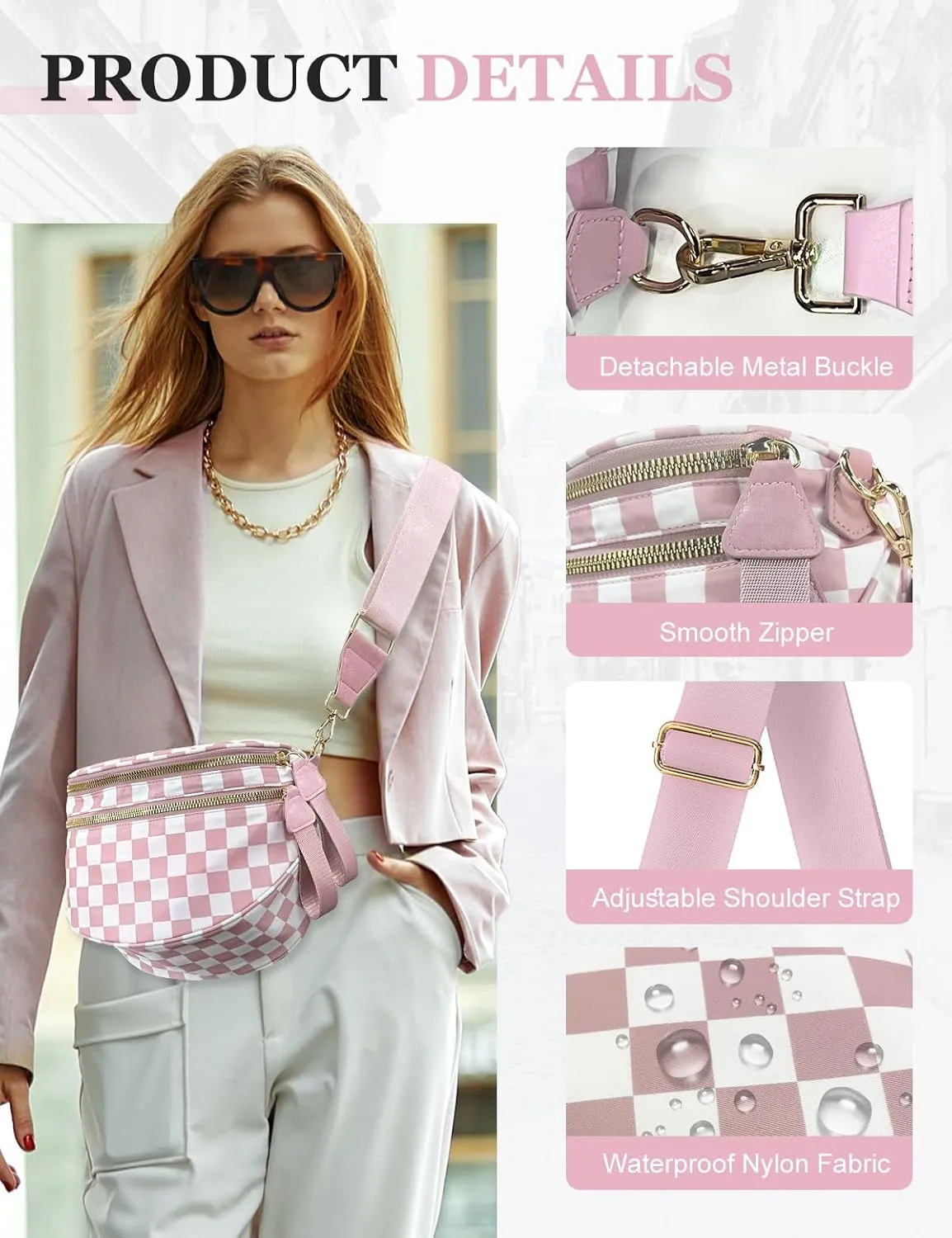 Checkered Nylon Crossbody Bag for Women, Spacious Checkered Bum Bag Purse Shoulder Bag Sling Bag with Shoulder Strap