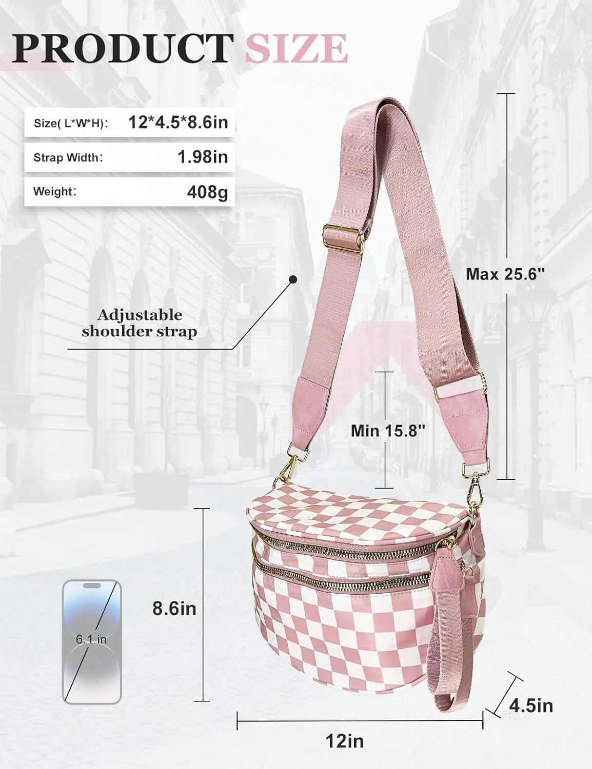 Checkered Nylon Crossbody Bag for Women, Spacious Checkered Bum Bag Purse Shoulder Bag Sling Bag with Shoulder Strap