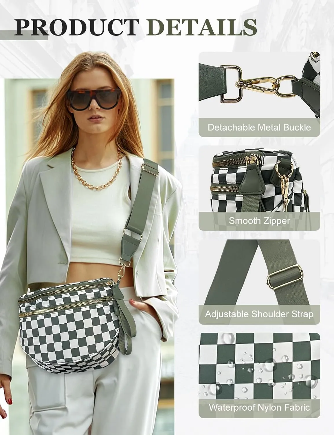 Checkered Nylon Crossbody Bag for Women, Spacious Checkered Bum Bag Purse Shoulder Bag Sling Bag with Shoulder Strap