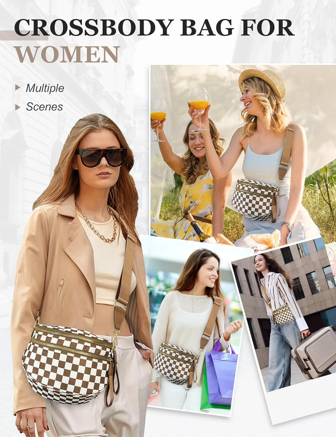 Checkered Nylon Crossbody Bag for Women, Spacious Checkered Bum Bag Purse Shoulder Bag Sling Bag with Shoulder Strap