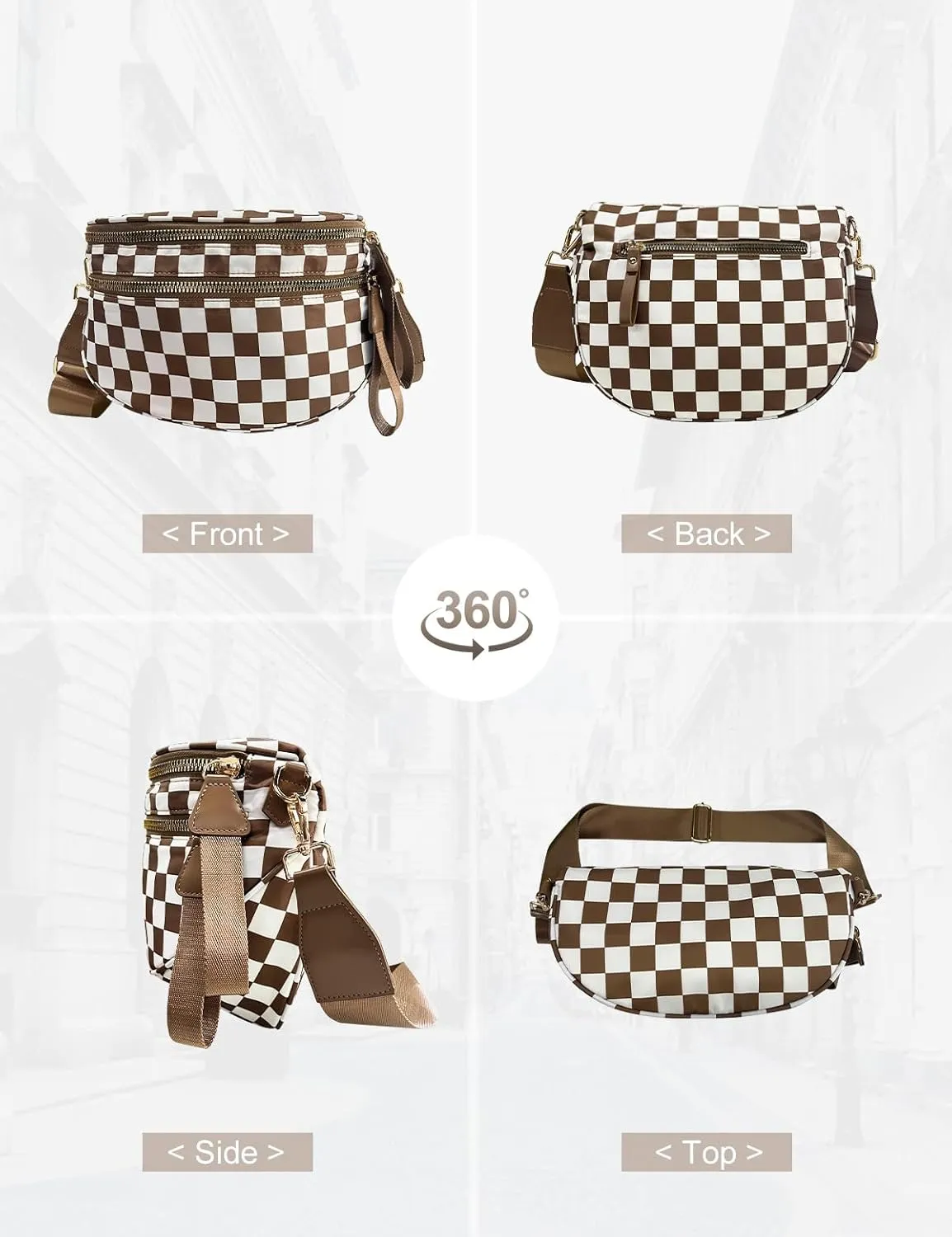 Checkered Nylon Crossbody Bag for Women, Spacious Checkered Bum Bag Purse Shoulder Bag Sling Bag with Shoulder Strap