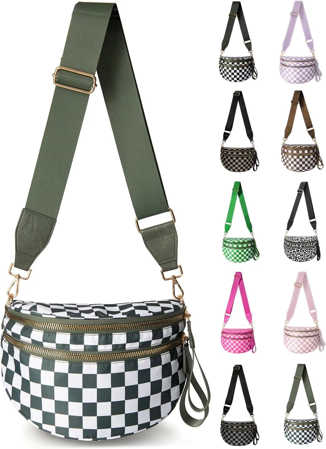 Checkered Nylon Crossbody Bag for Women, Spacious Checkered Bum Bag Purse Shoulder Bag Sling Bag with Shoulder Strap