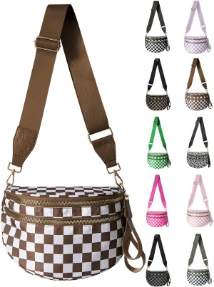 Checkered Nylon Crossbody Bag for Women, Spacious Checkered Bum Bag Purse Shoulder Bag Sling Bag with Shoulder Strap
