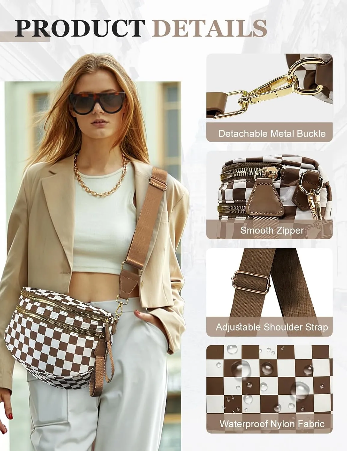 Checkered Nylon Crossbody Bag for Women, Spacious Checkered Bum Bag Purse Shoulder Bag Sling Bag with Shoulder Strap