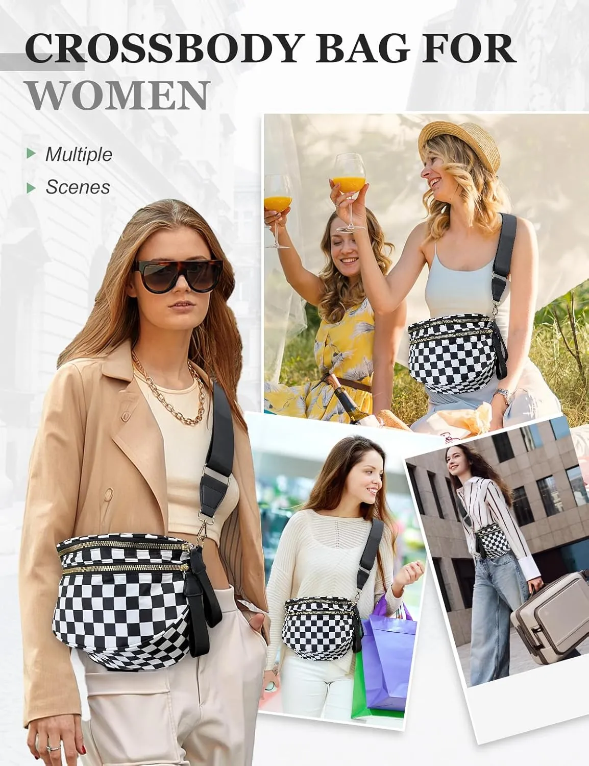 Checkered Nylon Crossbody Bag for Women, Spacious Checkered Bum Bag Purse Shoulder Bag Sling Bag with Shoulder Strap