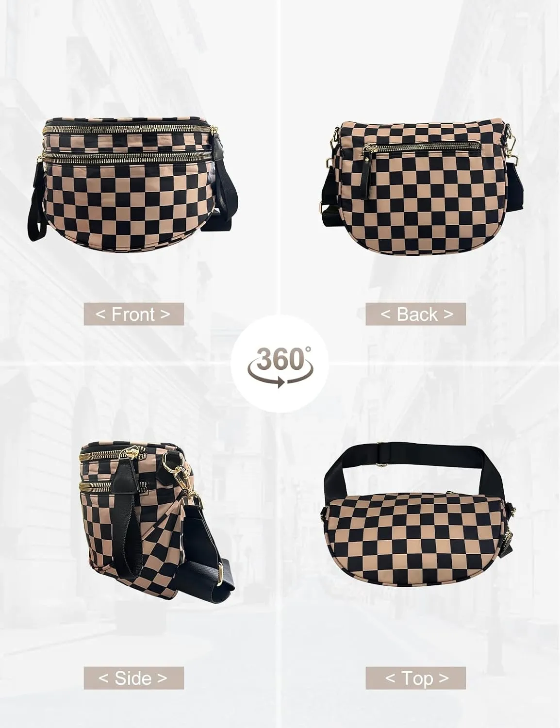 Checkered Nylon Crossbody Bag for Women, Spacious Checkered Bum Bag Purse Shoulder Bag Sling Bag with Shoulder Strap