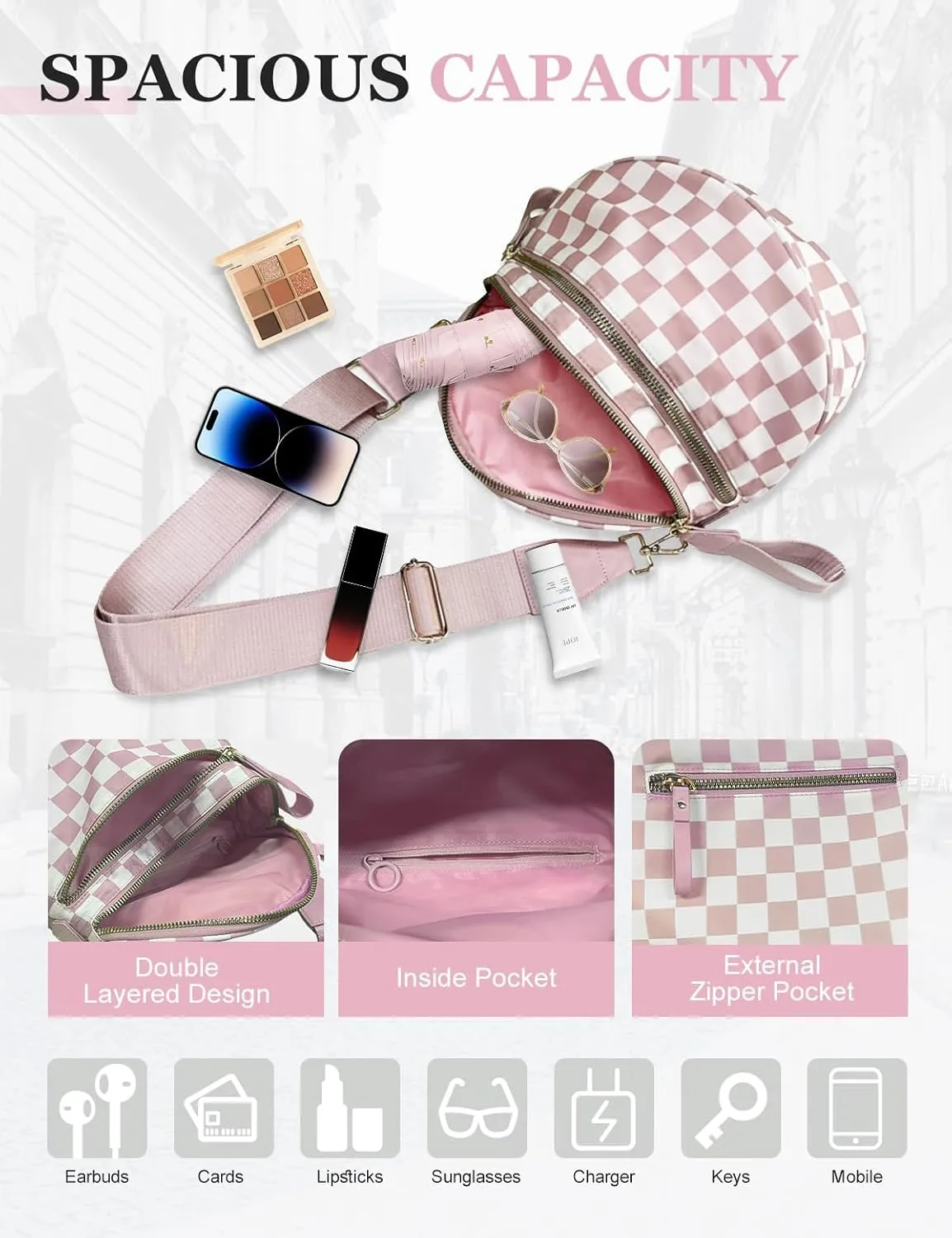 Checkered Nylon Crossbody Bag for Women, Spacious Checkered Bum Bag Purse Shoulder Bag Sling Bag with Shoulder Strap