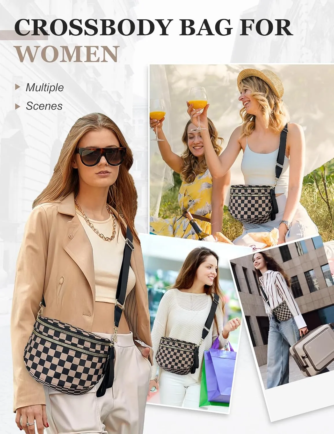 Checkered Nylon Crossbody Bag for Women, Spacious Checkered Bum Bag Purse Shoulder Bag Sling Bag with Shoulder Strap