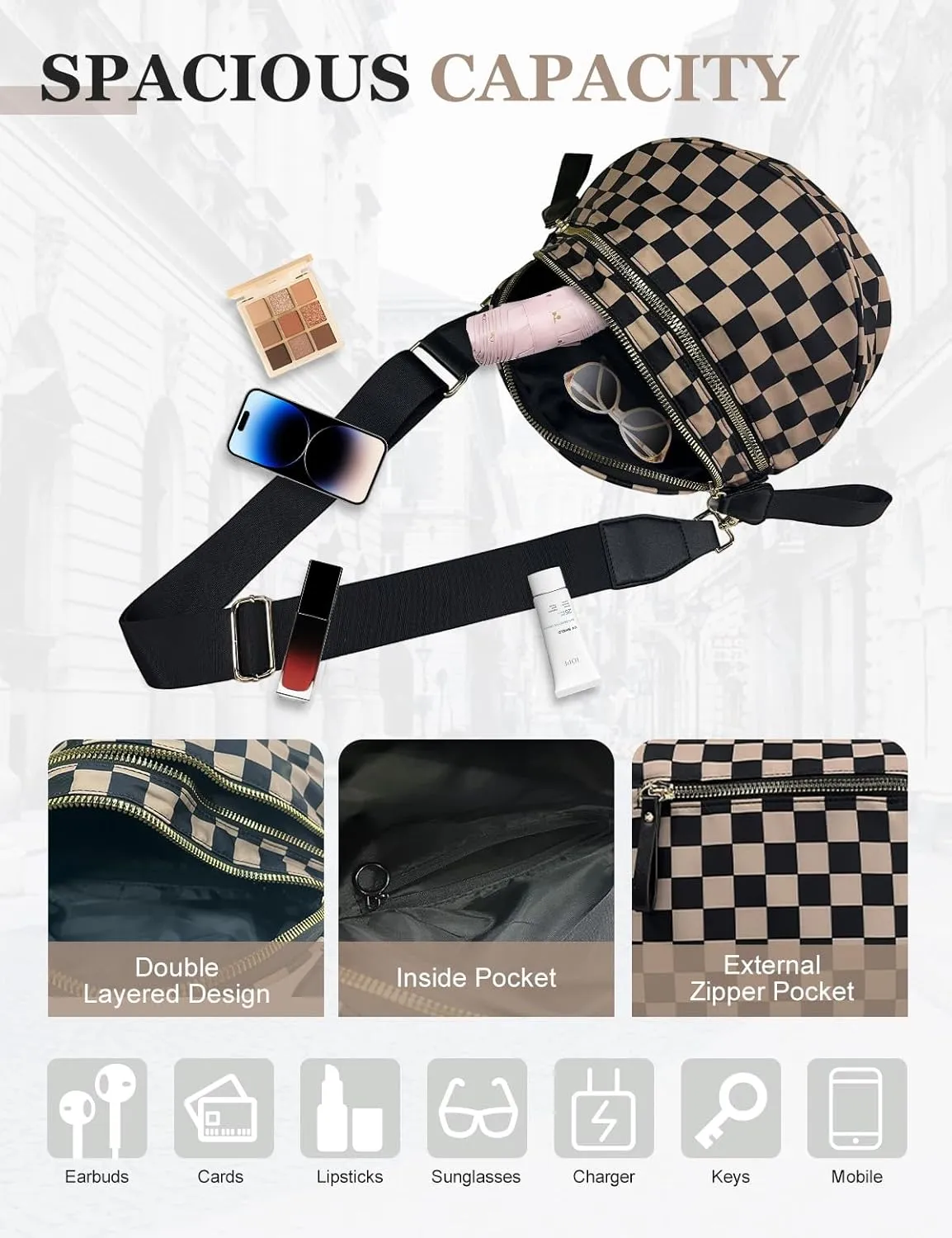 Checkered Nylon Crossbody Bag for Women, Spacious Checkered Bum Bag Purse Shoulder Bag Sling Bag with Shoulder Strap