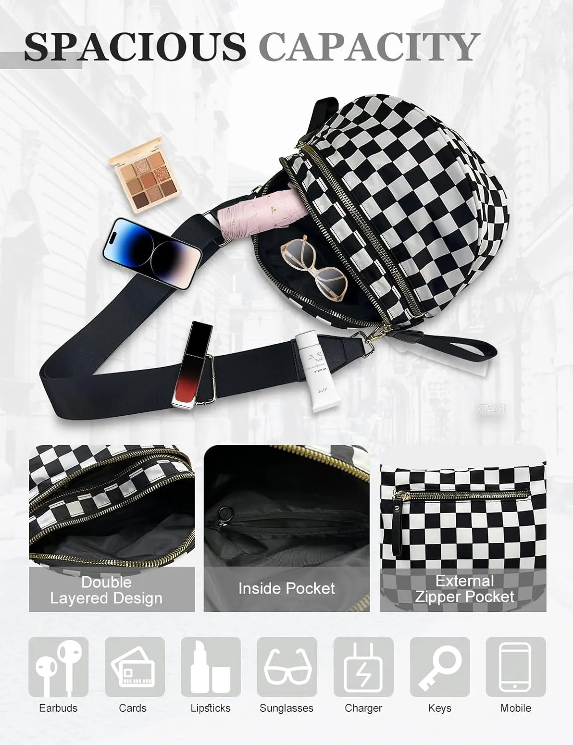Checkered Nylon Crossbody Bag for Women, Spacious Checkered Bum Bag Purse Shoulder Bag Sling Bag with Shoulder Strap