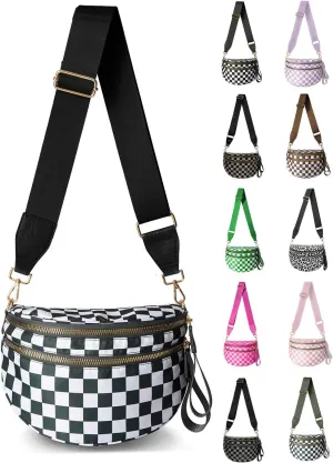 Checkered Nylon Crossbody Bag for Women, Spacious Checkered Bum Bag Purse Shoulder Bag Sling Bag with Shoulder Strap