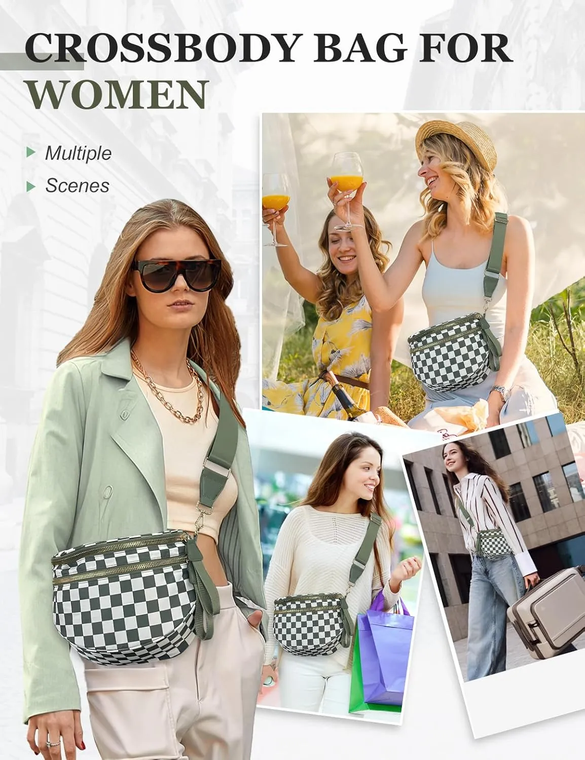 Checkered Nylon Crossbody Bag for Women, Spacious Checkered Bum Bag Purse Shoulder Bag Sling Bag with Shoulder Strap