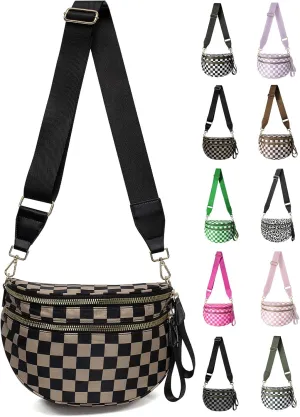 Checkered Nylon Crossbody Bag for Women, Spacious Checkered Bum Bag Purse Shoulder Bag Sling Bag with Shoulder Strap