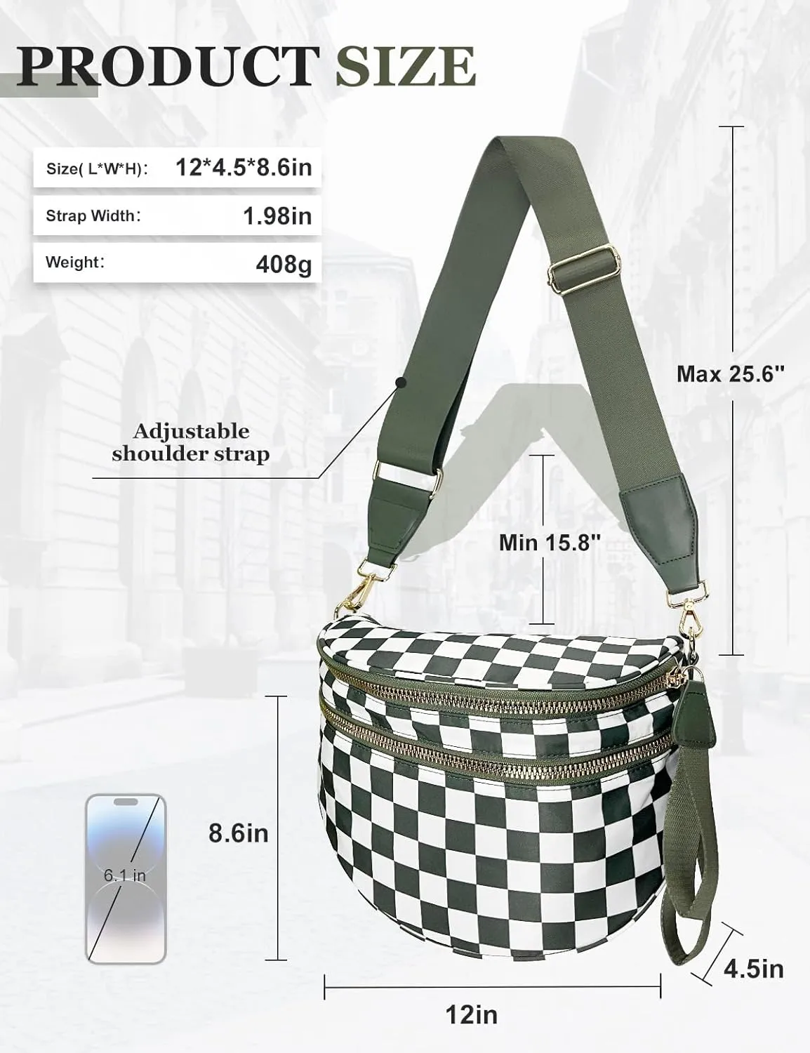 Checkered Nylon Crossbody Bag for Women, Spacious Checkered Bum Bag Purse Shoulder Bag Sling Bag with Shoulder Strap