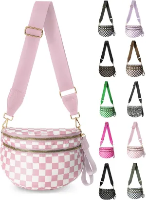 Checkered Nylon Crossbody Bag for Women, Spacious Checkered Bum Bag Purse Shoulder Bag Sling Bag with Shoulder Strap
