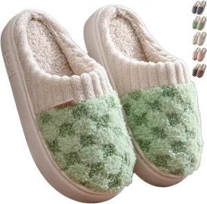 Checkered Plush House Slippers for Women Men, Non-Slip Memory Foam Indoor Slides, Plaid Winter Warm Fuzzy Home Slipper, Cozy Fleece Lined Shoes