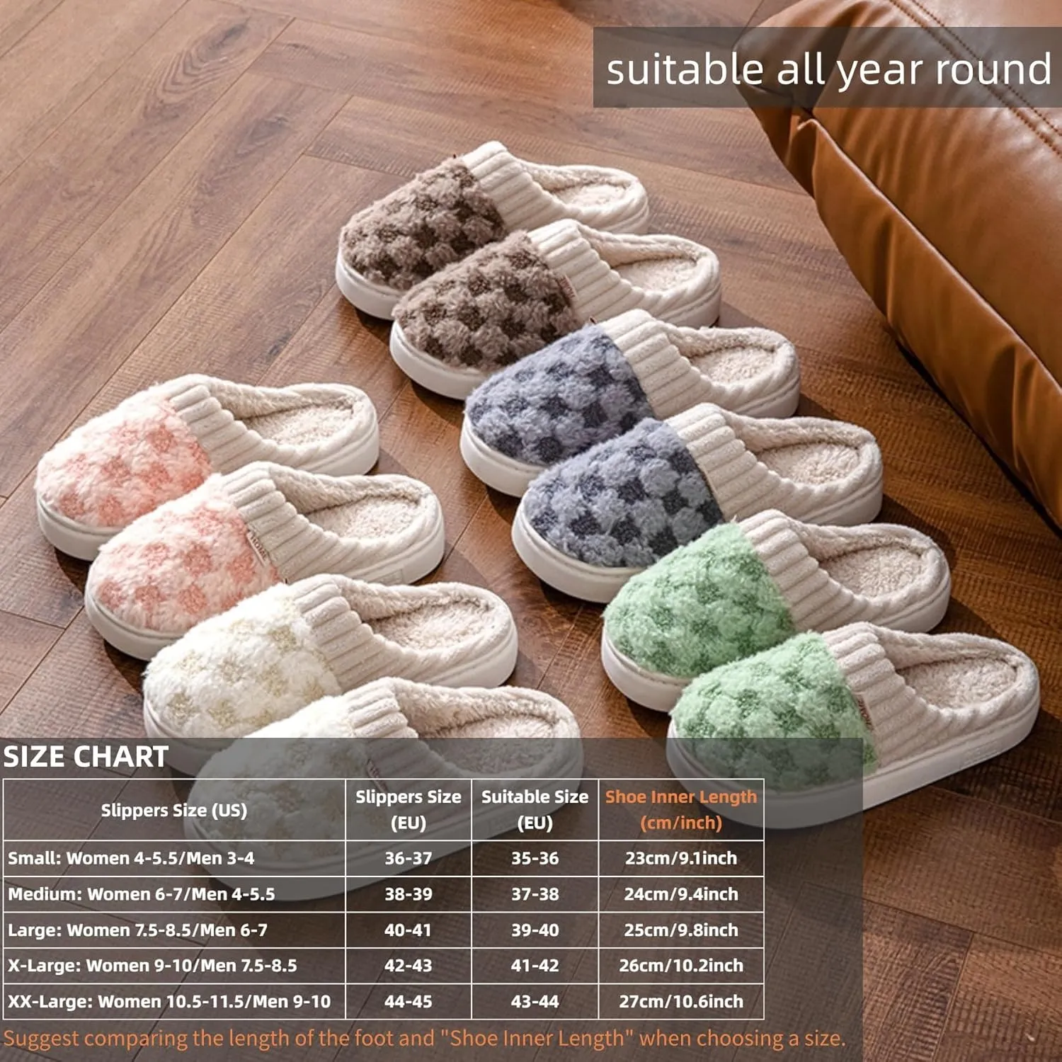 Checkered Plush House Slippers for Women Men, Non-Slip Memory Foam Indoor Slides, Plaid Winter Warm Fuzzy Home Slipper, Cozy Fleece Lined Shoes
