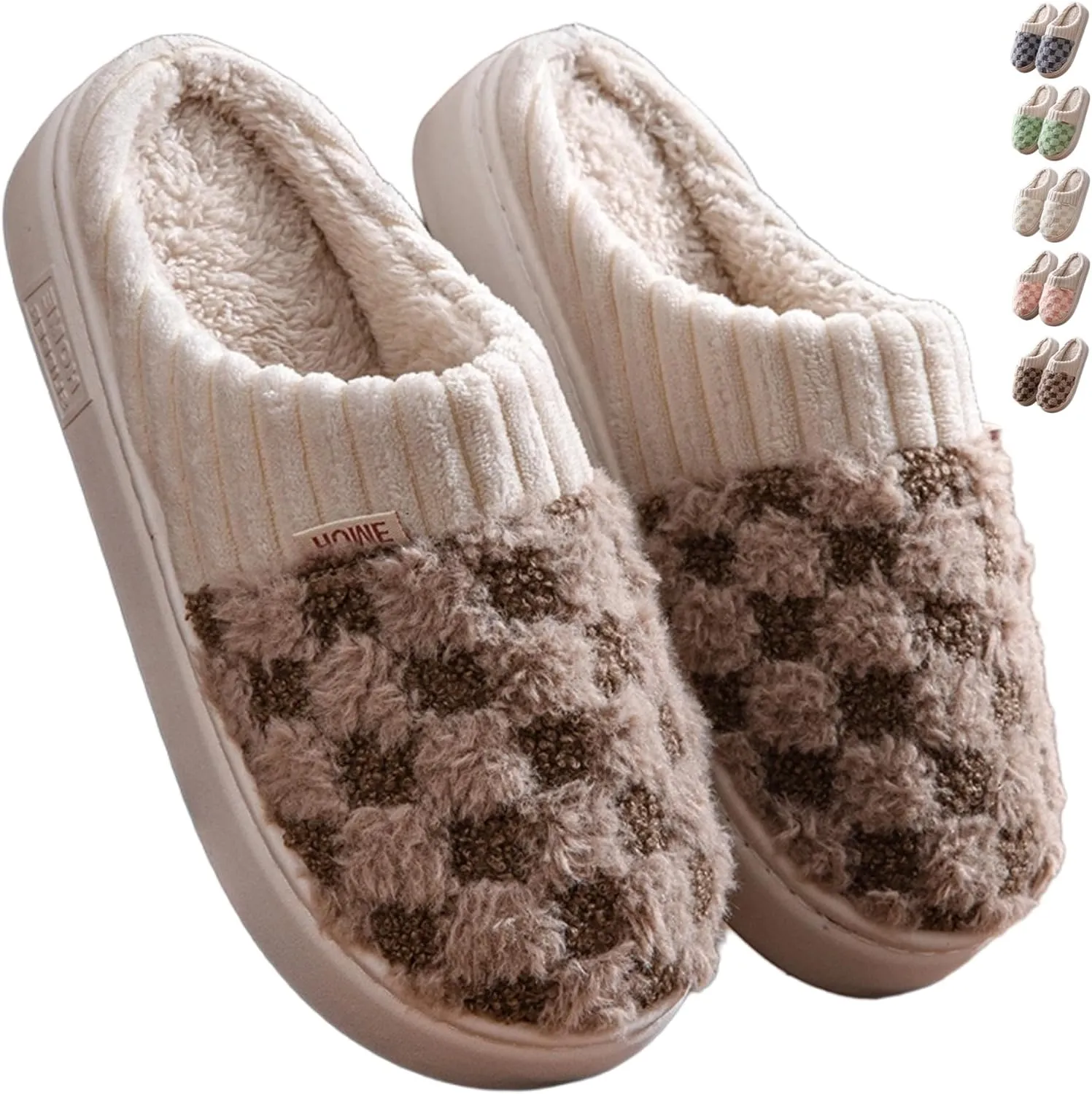Checkered Plush House Slippers for Women Men, Non-Slip Memory Foam Indoor Slides, Plaid Winter Warm Fuzzy Home Slipper, Cozy Fleece Lined Shoes