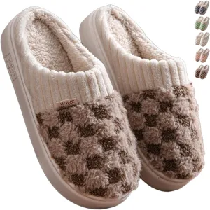 Checkered Plush House Slippers for Women Men, Non-Slip Memory Foam Indoor Slides, Plaid Winter Warm Fuzzy Home Slipper, Cozy Fleece Lined Shoes