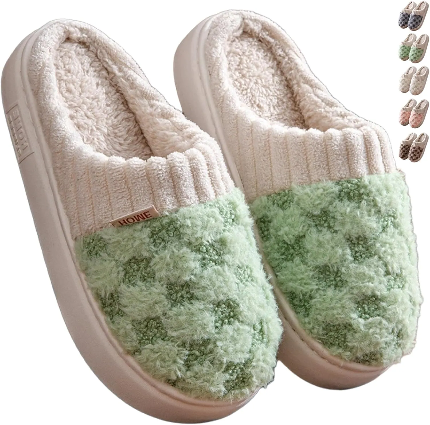 Checkered Plush House Slippers for Women Men, Non-Slip Memory Foam Indoor Slides, Plaid Winter Warm Fuzzy Home Slipper, Cozy Fleece Lined Shoes