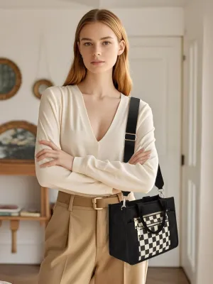 Checkered Purse,Canvas Tote Bag Checkered Crossbody Bag for Women Black and White Slouchy Shoulder Bag for Work/Travel