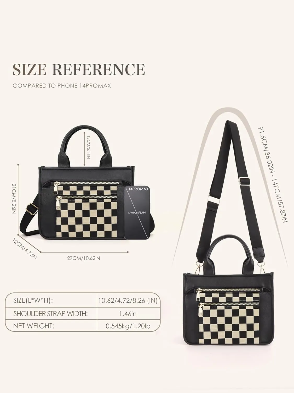 Checkered Purse,Canvas Tote Bag Checkered Crossbody Bag for Women Black and White Slouchy Shoulder Bag for Work/Travel