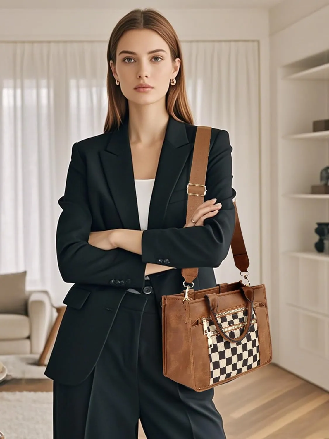 Checkered Purse,Canvas Tote Bag Checkered Crossbody Bag for Women Black and White Slouchy Shoulder Bag for Work/Travel