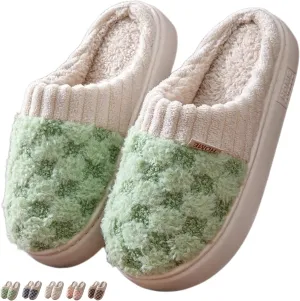 Checkered Slippers for Women Indoor Slides Non Slip House Slippers for Women Men Couple Plush Warm Home Slippers Fuzzy Slippers Bedroom Shoes Slip On Slippers