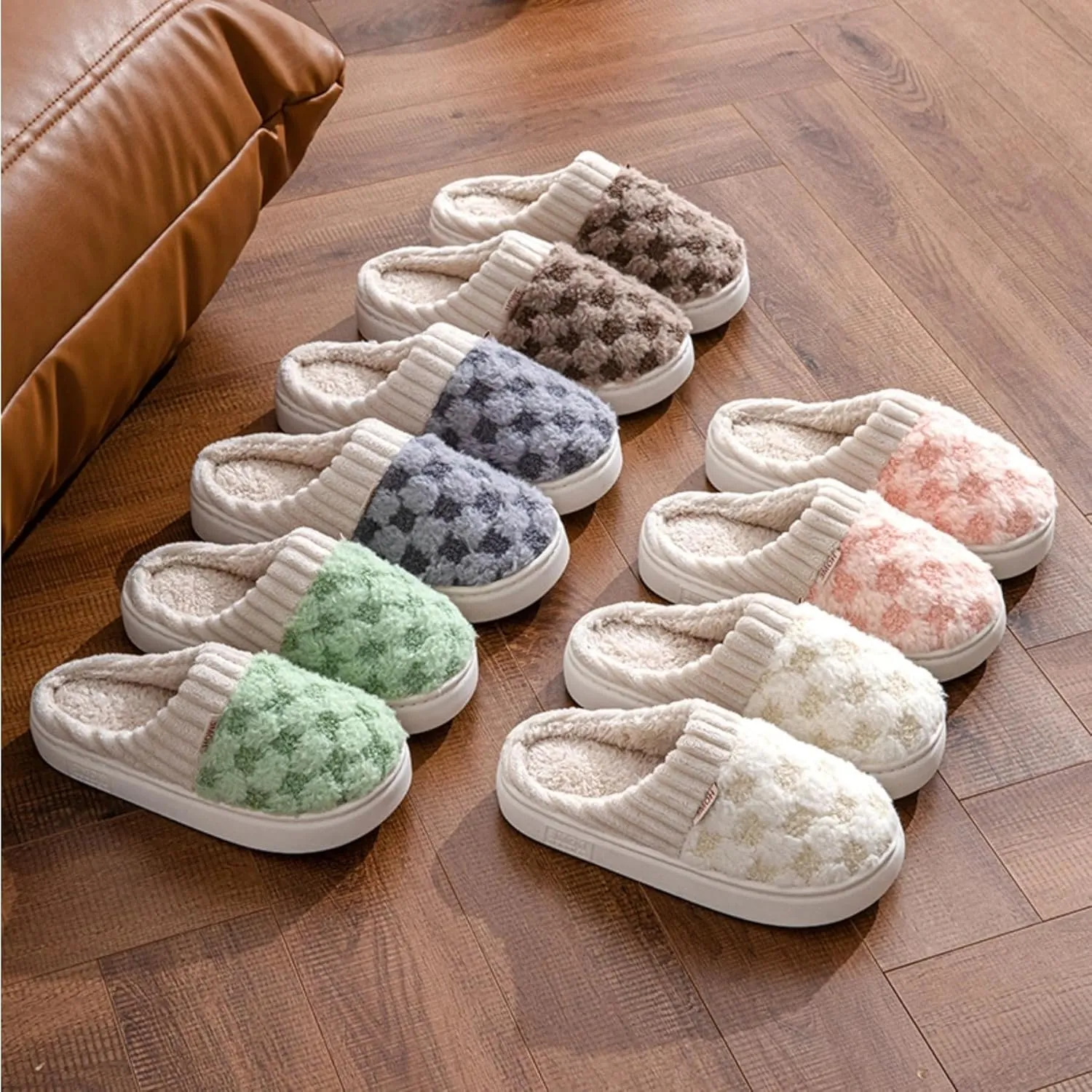 Checkered Slippers for Women Indoor Slides Non Slip House Slippers for Women Men Couple Plush Warm Home Slippers Fuzzy Slippers Bedroom Shoes Slip On Slippers