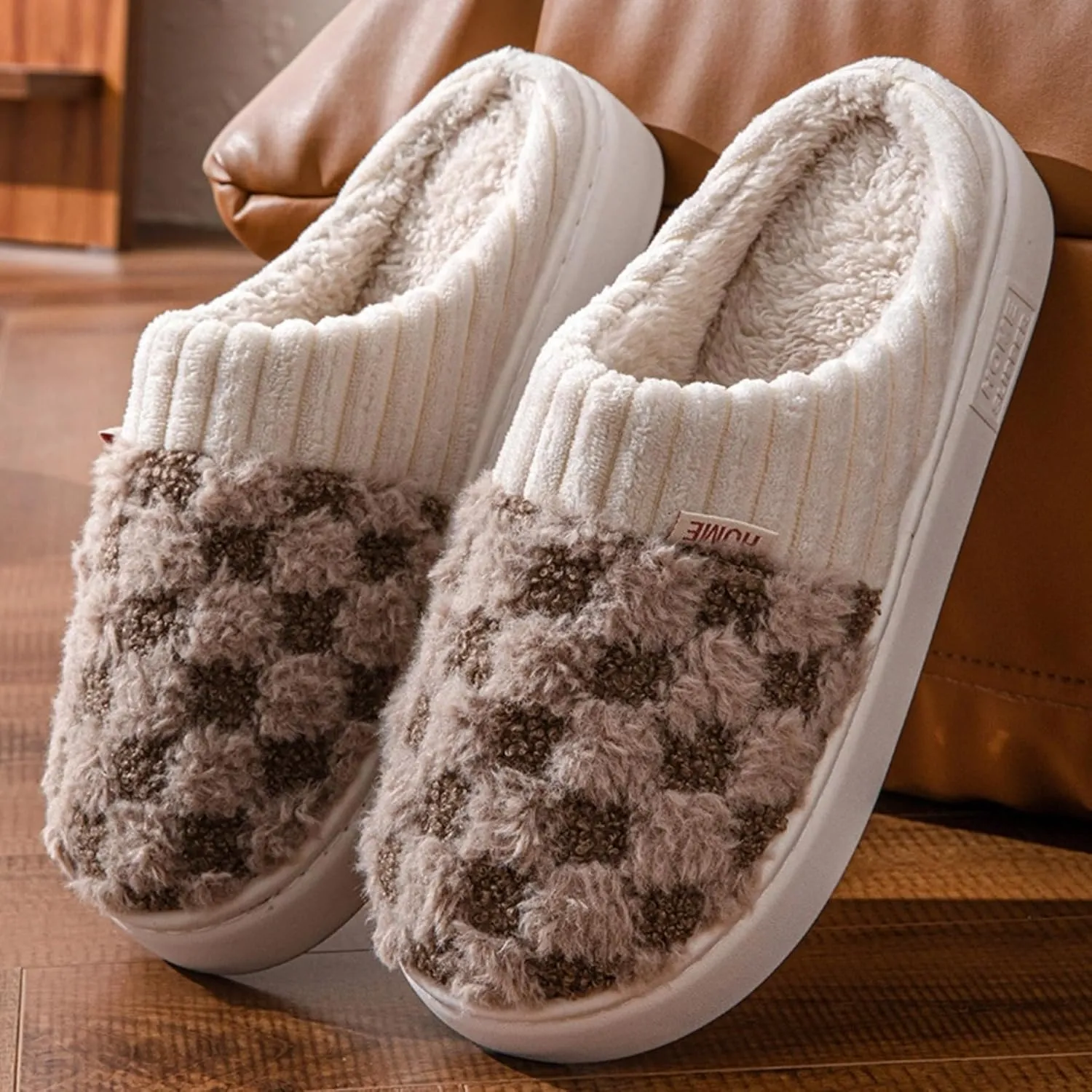 Checkered Slippers for Women Indoor Slides Non Slip House Slippers for Women Men Couple Plush Warm Home Slippers Fuzzy Slippers Bedroom Shoes Slip On Slippers