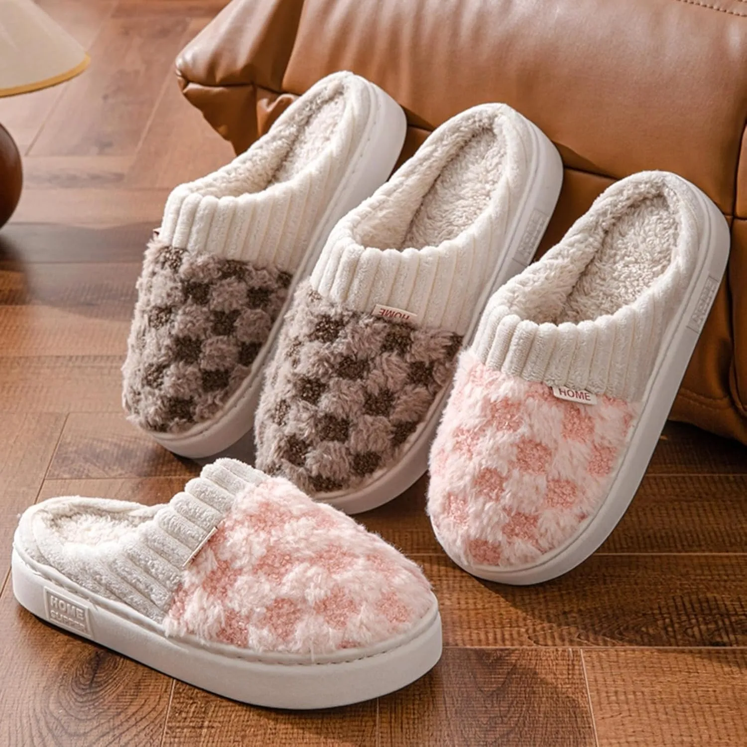 Checkered Slippers for Women Indoor Slides Non Slip House Slippers for Women Men Couple Plush Warm Home Slippers Fuzzy Slippers Bedroom Shoes Slip On Slippers