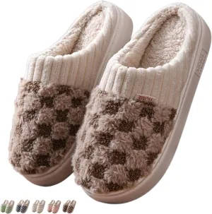 Checkered Slippers for Women Indoor Slides Non Slip House Slippers for Women Men Couple Plush Warm Home Slippers Fuzzy Slippers Bedroom Shoes Slip On Slippers