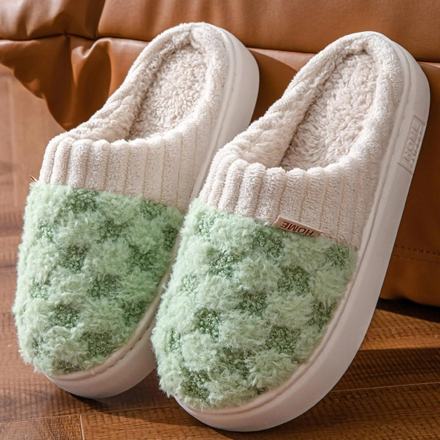 Checkered Slippers for Women Indoor Slides Non Slip House Slippers for Women Men Couple Plush Warm Home Slippers Fuzzy Slippers Bedroom Shoes Slip On Slippers