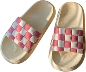 Checkered Slippers for Women Men Checkerboard Open Toe Slides Sandals Indoor House Shoes Soft Thick Sole Slippers Summer Outdoor Slip On Beach Slides Couple Home Slippers