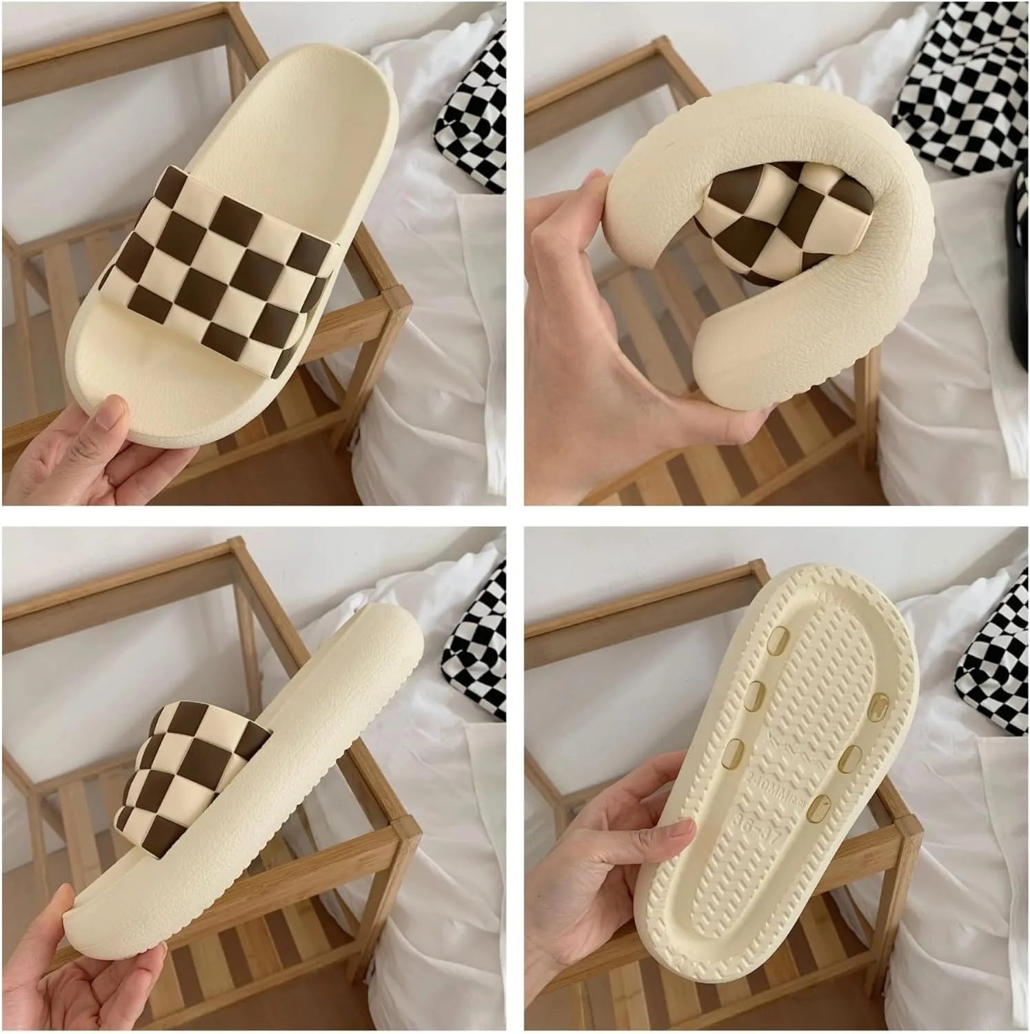 Checkered Slippers for Women Men Checkerboard Open Toe Slides Sandals Indoor House Shoes Soft Thick Sole Slippers Summer Outdoor Slip On Beach Slides Couple Home Slippers