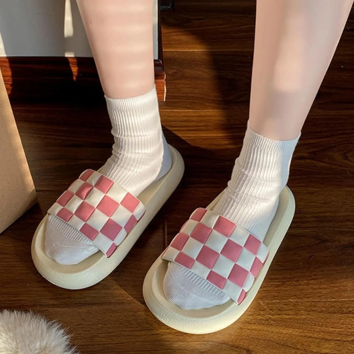 Checkered Slippers for Women Men Checkerboard Open Toe Slides Sandals Indoor House Shoes Soft Thick Sole Slippers Summer Outdoor Slip On Beach Slides Couple Home Slippers