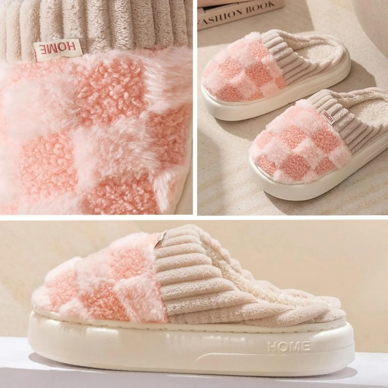 Checkered Slippers for Women Men Indoor Warm Cozy Winter Fuzzy Slippers Unisex Plush Plaid Home Bedroom House Shoes Slip On Non-Slip