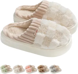 Checkered Slippers for Women Men Indoor Warm Cozy Winter Fuzzy Slippers Unisex Plush Plaid Home Bedroom House Shoes Slip On Non-Slip