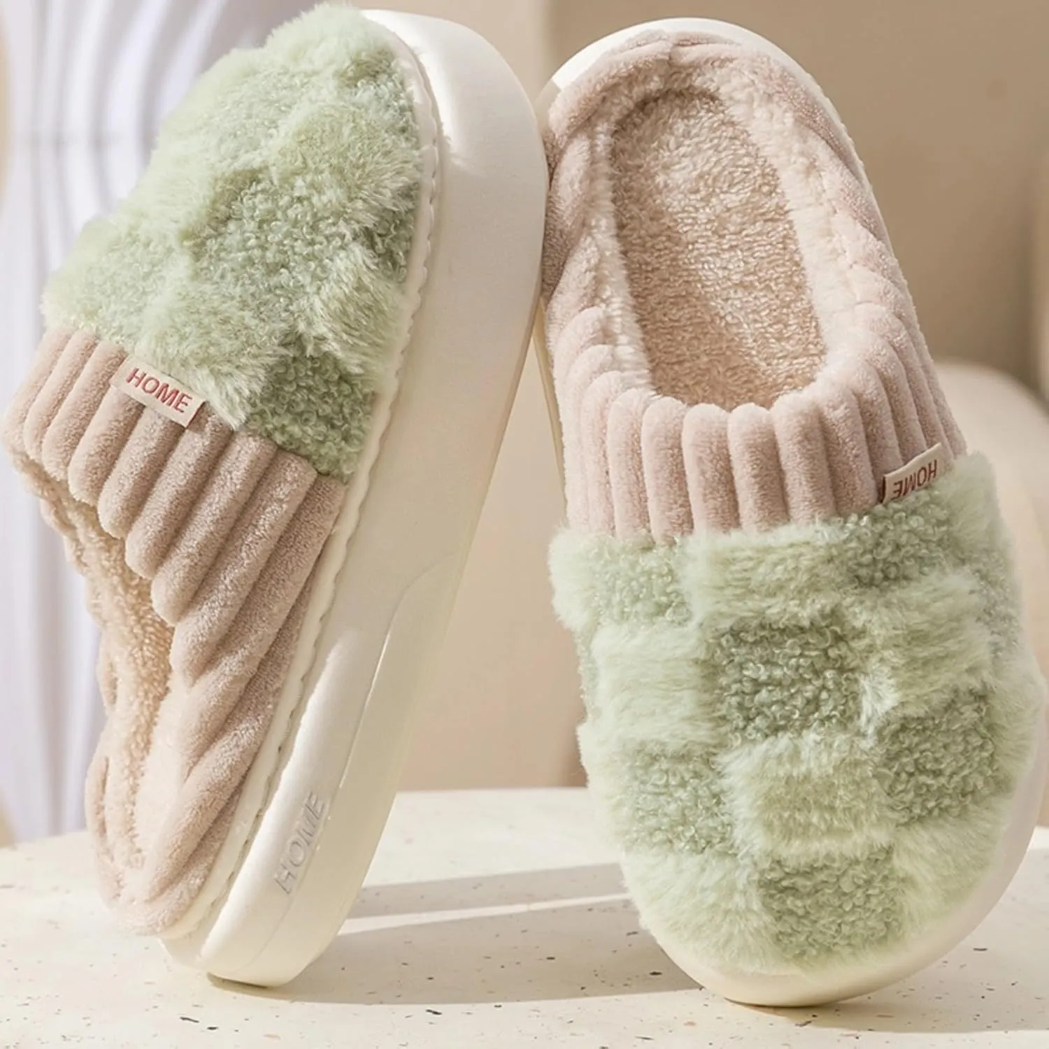 Checkered Slippers for Women Men Indoor Warm Cozy Winter Fuzzy Slippers Unisex Plush Plaid Home Bedroom House Shoes Slip On Non-Slip