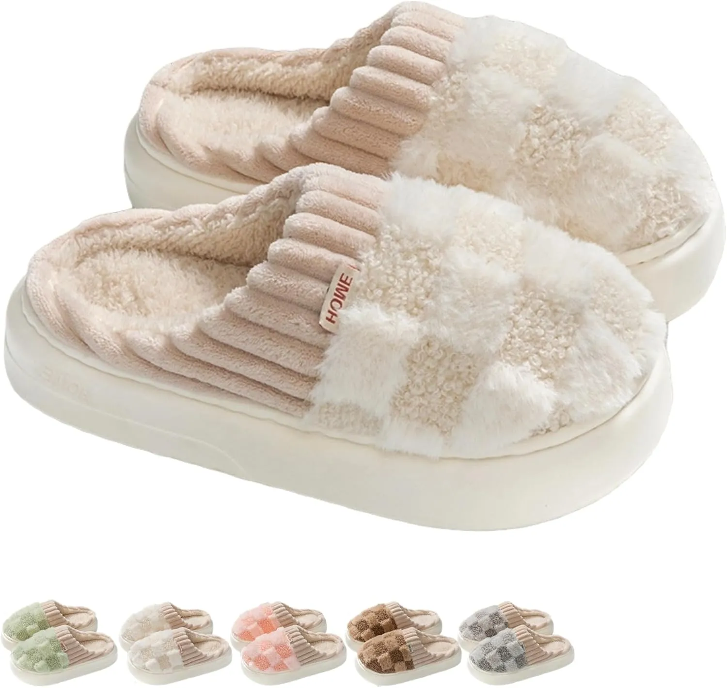 Checkered Slippers for Women Men Indoor Warm Cozy Winter Fuzzy Slippers Unisex Plush Plaid Home Bedroom House Shoes Slip On Non-Slip