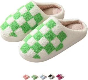 Checkered Slippers for Women Men Slip On Indoor House Slides Winter Plush Warm Slippers Cozy House Shoes Soft Lightweight Non Slip Sole Home Slippers Couples Bedroom Slippers Outdoor Wear