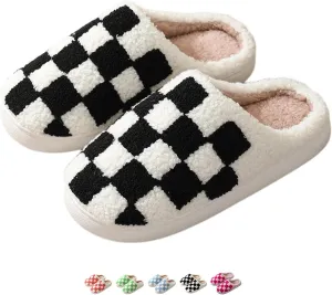 Checkered Slippers for Women Men Slip On Indoor House Slides Winter Plush Warm Slippers Cozy House Shoes Soft Lightweight Non Slip Sole Home Slippers Couples Bedroom Slippers Outdoor Wear