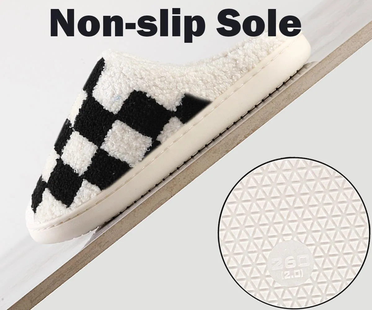 Checkered Slippers - Men & Women's Funny, Fluffy House & Outdoor Shoes - Memory Foam, Warm, Plush Bedroom Slippers for Winter