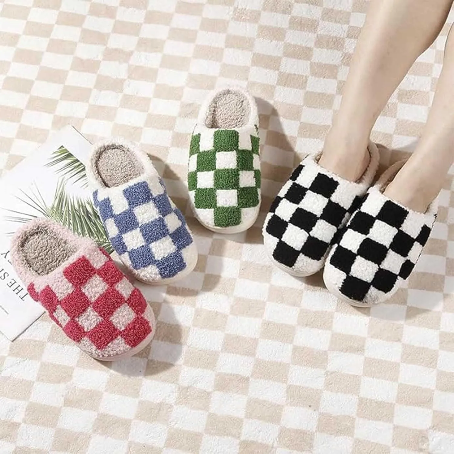 Checkered Slippers - Men & Women's Funny, Fluffy House & Outdoor Shoes - Memory Foam, Warm, Plush Bedroom Slippers for Winter