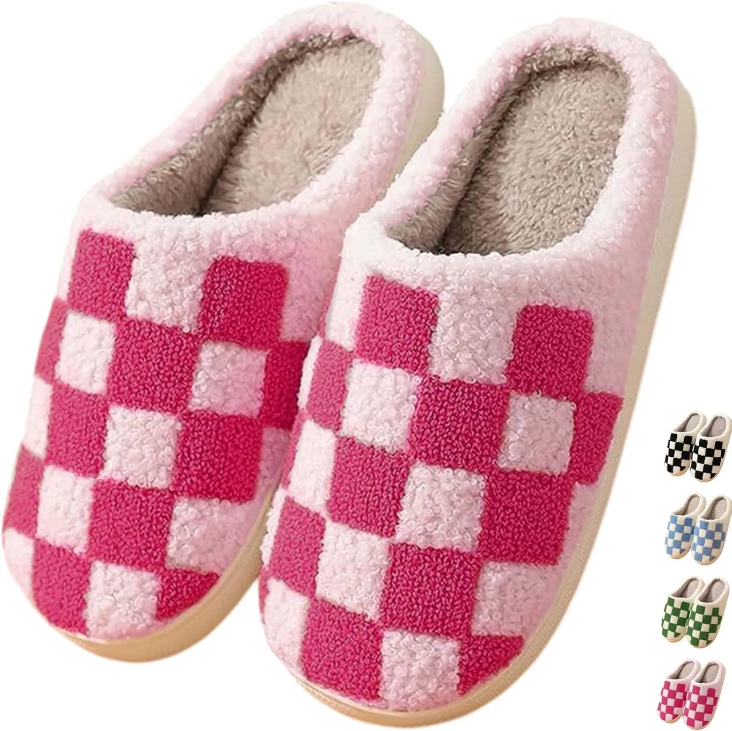Checkered Slippers - Men & Women's Funny, Fluffy House & Outdoor Shoes - Memory Foam, Warm, Plush Bedroom Slippers for Winter