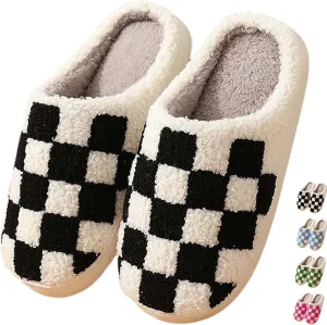 Checkered Slippers - Men & Women's Funny, Fluffy House & Outdoor Shoes - Memory Foam, Warm, Plush Bedroom Slippers for Winter